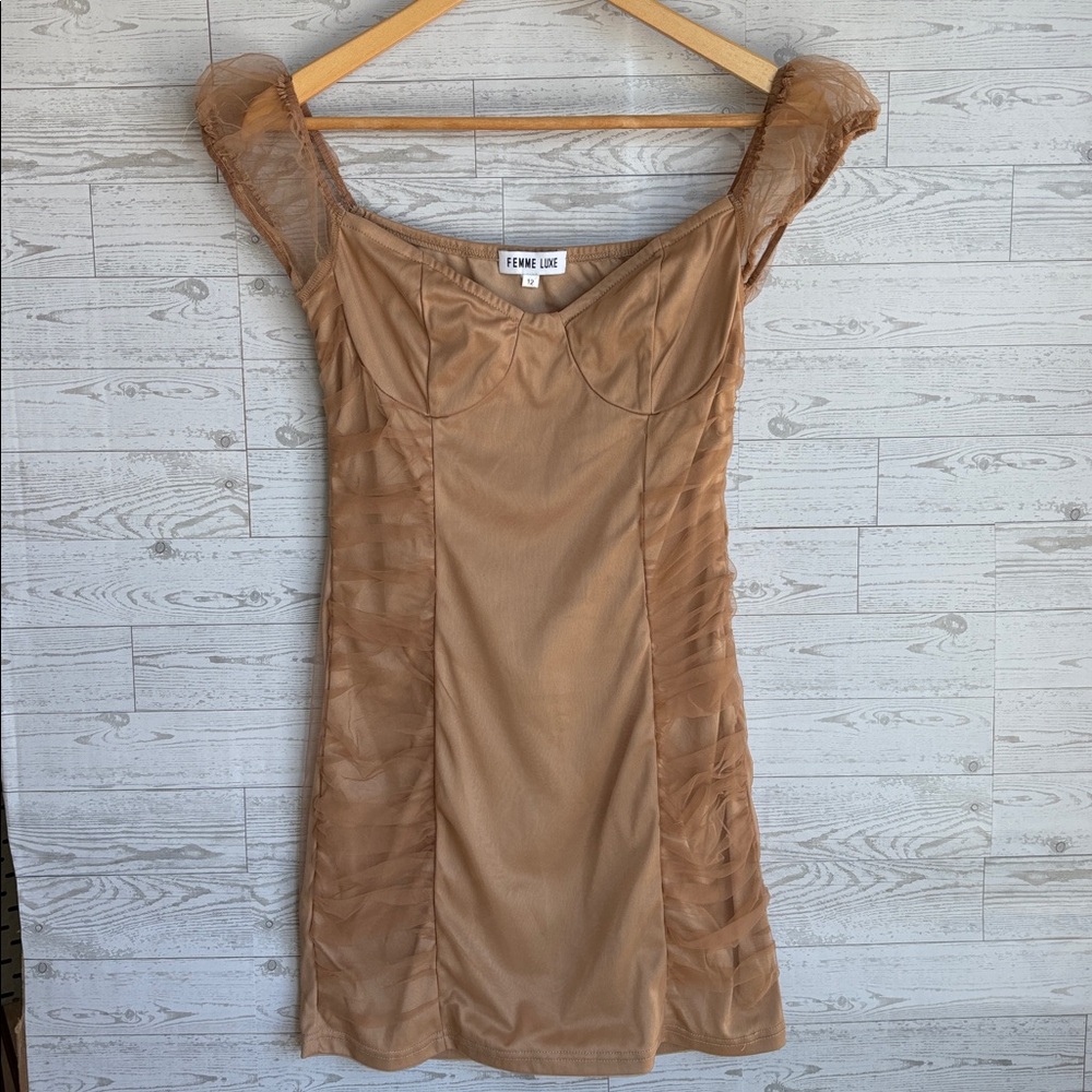 Femme Luxe Nude Ruched Mesh Mini Dress corset Bodycon sheer sleeves stretch 12 - Picture 2 of 9